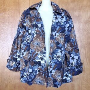 Westbound Floral Open Front Denim Jacket XL Blue Brown Epaulette Stretch NWT